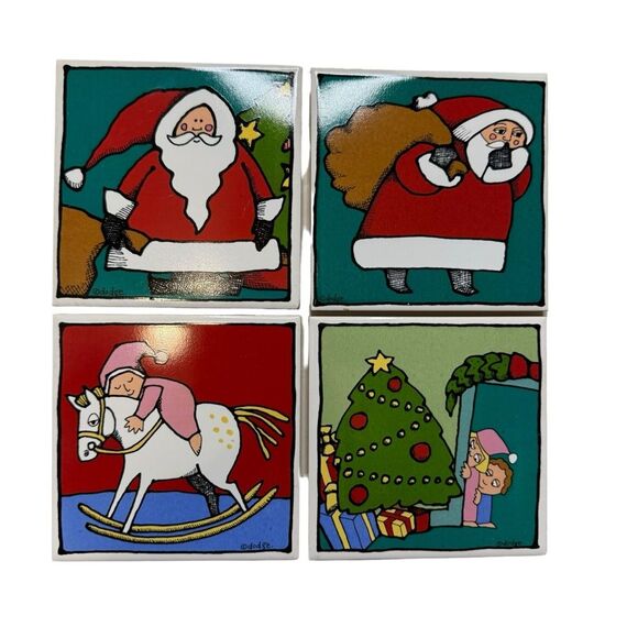 Ursula Dodge Whimsical Fun Christmas Ceramic Tile Coasters Set of 4 - Picture 1 of 7